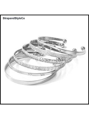 6 PC Silver Bangle Bracelets for Women 14K Silver Plated Copper Adjustable Cuff